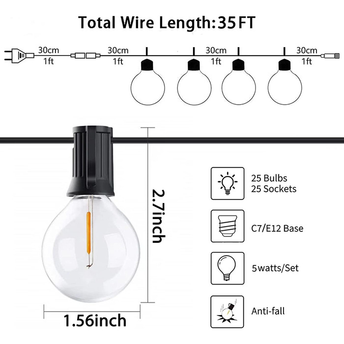 SON4SUN гірлянда для вулиці 10 м, LED, 25+3 G40 ламп, IP44, тепле біле світло, водонепроникна, для саду, тераси, весіль, вечірок