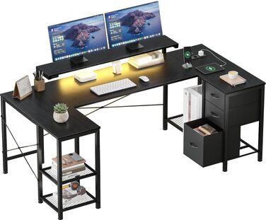 Ігровий стіл Devoko кутовий з LED, 3 шухляди, 170x95x75 см, регульована полиця, 2 розетки USB (Чорний)