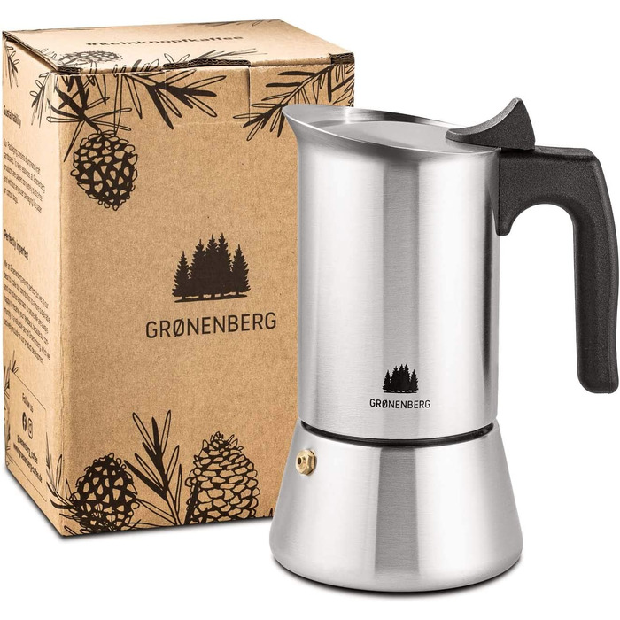 Кавоварка Groenenberg Espresso, підходить для індукційних плит, глечик для еспресо з нержавіючої сталі на 4-6 чашок, 200-300 мл Mocha Pot, без алюмінію, зі змінною пломбою та інструкціями (англійська мова не гарантується)