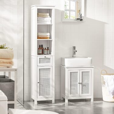 SoBuy BZR36-W Високий шафа для ванної з ґратчастим фасадом, білий, з 3 відкритими полицями, 1 шухлядою та 1 дверцятами, 35x161x32 см