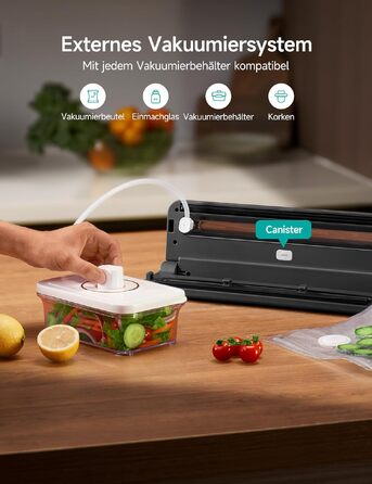 Вакуумний пакувальник HiCOZY для продуктів: подвійне запаювання, сухі та вологі продукти, 10 пакетів, вбудований ніж, сірий