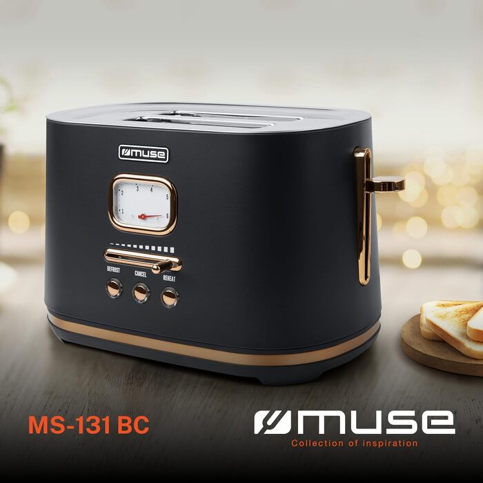 Тостер Muse MS-130 BC чорний ретро, 2 тости, 6 рівнів підсмажування, з піддоном для крихт