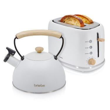 Тостер Briebe Nordic Set 2-слотовий з підставкою для булочок, 6 рівнів підсмажування + Електричний чайник індукційний 2.3л, нержавіюча сталь, без BPA, набір для сніданку в скандинавському дизайні, білий