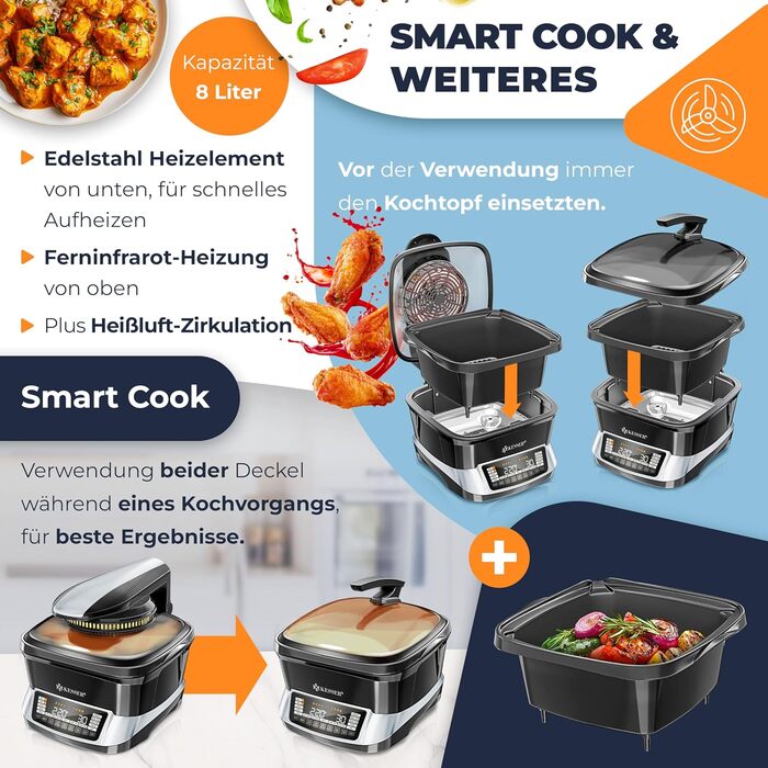Мультиварка KESSER® 8л з фритюрницею, 16 програм, срібна: приготування на грилі, випікання, тушкування, приготування на пару, підтримка тепла, рисоварка, функція йогурту