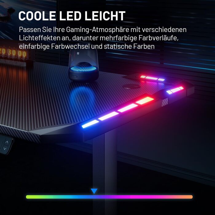 Електричний стіл для геймінгу HLONONE 120x60 см з LED, регульований по висоті, з карбоновою поверхнею та пам'яттю функцій, чорний