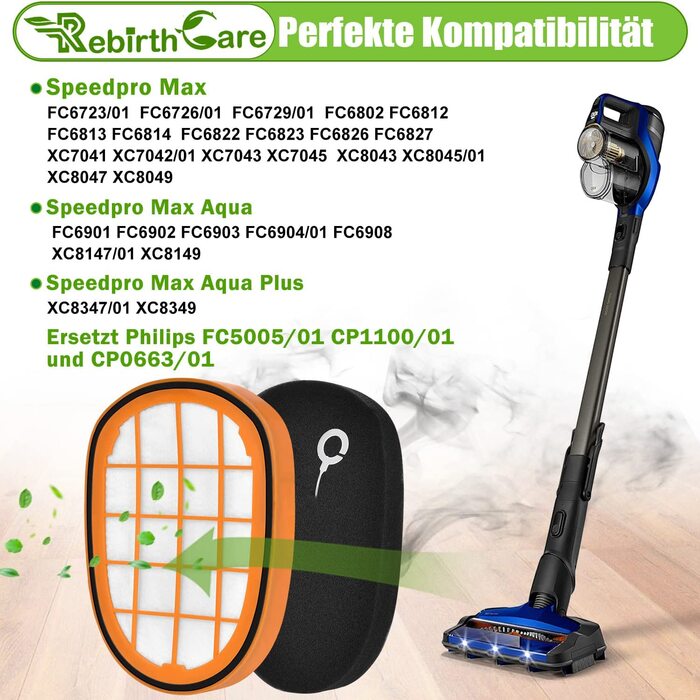 Комплект з 4 фільтрів для пилососів Philips SpeedPro Max Aqua (моделі FC6812, FC6813, FC6822, FC6823, FC6826, FC6723/01, FC6901-FC6904, XC7042/01, XC8045/01, XC8147/01), сумісні з Philips FC5005/01, змінні HEPA-фільтри Rebirthcare