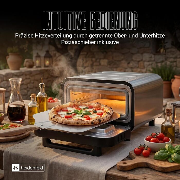 Електрична піч для піци Heidenfeld Pizzaboss, 1850 Вт, до 450°C, повний набір, сріблясто-чорний