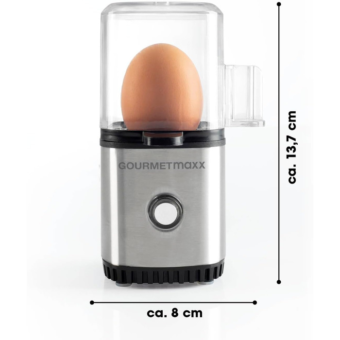 Електрична яйцеварка GOURMETmaxx для 1 яйця з нержавіючої сталі, компактна, енергозберігаюча, BPA Free, з мірною склянкою та голкою для яєць