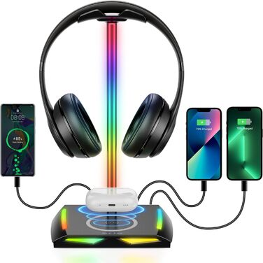 Підставка для навушників New bee RGB з бездротовою зарядкою, геймерська стійка для гарнітури з USB, 2 Type-C, 11 режимів підсвітки, чорна (Z12)