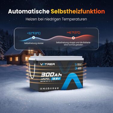 LiFePO4 акумулятор VATRER POWER 12V 300Ah з системою самопідігріву та Bluetooth