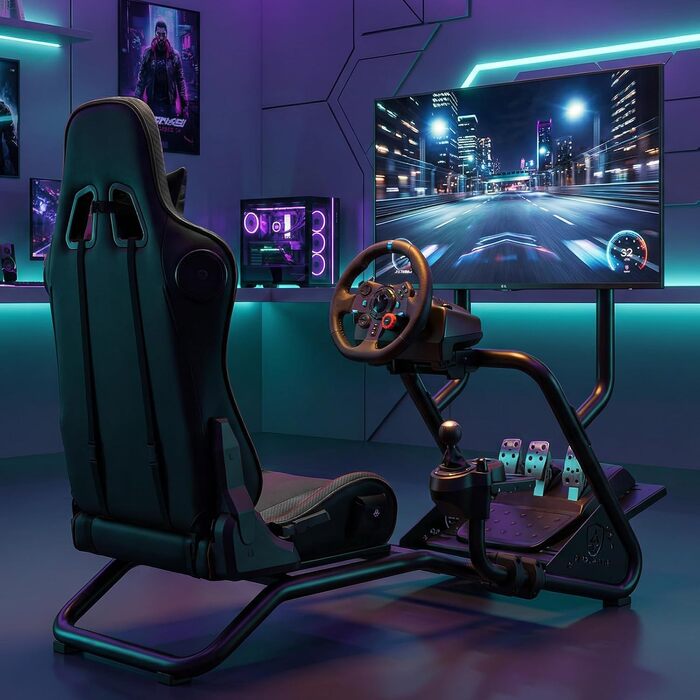 Ігровий симулятор GTPLAYER Simulator Cockpit: стійка для керма з 3D-стереодинаміками, тримачем для монітора, педалей та важеля КПП, регульована, чорна