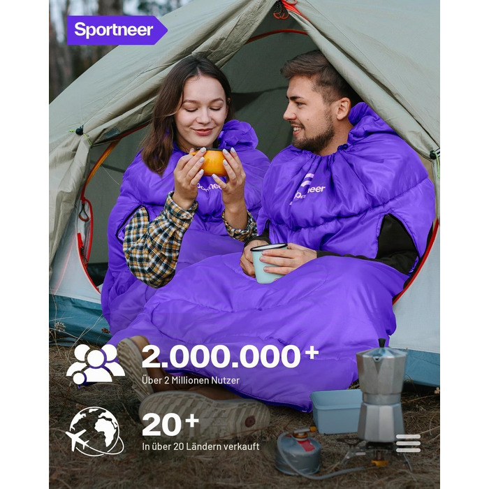 Спальний мішок Sportneer Outdoor у формі ковдри 220×85 см, з отворами для рук, вага 1.5 кг (фіолетовий, температурний режим +10...+26 °C)