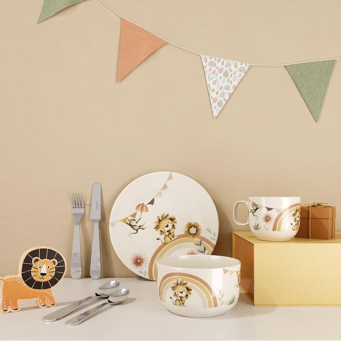 Дитячий посудовий набір Villeroy & Boch Boho Kids 'Roar like a lion' 7 предметів, преміум-посуд з нержавіючої сталі, безпечний для миття в посудомийній машині та використання в мікрохвильовій печі, з зображенням лева та мавпи