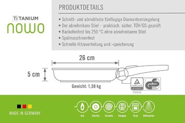 Сковорода Woll Nowo Titanium 26 см, алюмінієва з антипригарним покриттям, знімна ручка, для газу, електро, кераміки, не для індукції
