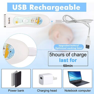Дитяча електрична машинка для стрижки волосся Bimirth, тиха бездротова, USB-зарядка, керамічний лезо, водостійка, 3 насадки, без чохла