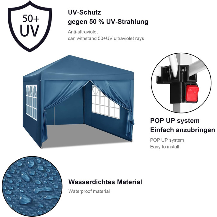 Павільйон WOLTU Pop-Up водонепроникний складаний з боковинами, садовий тент 3x3 м, металевий каркас, для тераси, кемпінгу, фестивалю, з Оксфордської тканини, синій