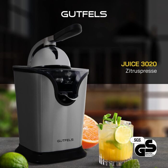 Соковижималка для цитрусів GUTFELS JUICE 3020, 100 Вт, нержавіюча сталь, 2 насадки, стійка основа