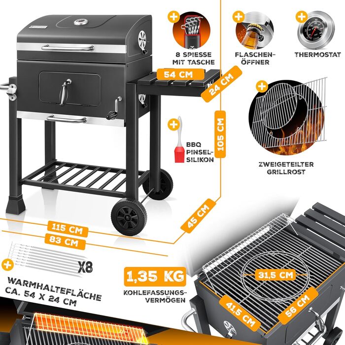 Гриль-вогнярка KESSER® XL з нержавіючою сталлю, термометром та аксесуарами для приготування на вугіллі