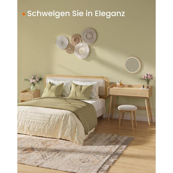 Туалетний столик SONGMICS HOME BOHOVEN з дзеркалом і підсвічуванням, косметичний стіл із 3 шухлядами в стилі ротанг, сенсорне керування, 3 кольори світла, регулювання яскравості, стиль бохо, для спальні, колір дубовий беж