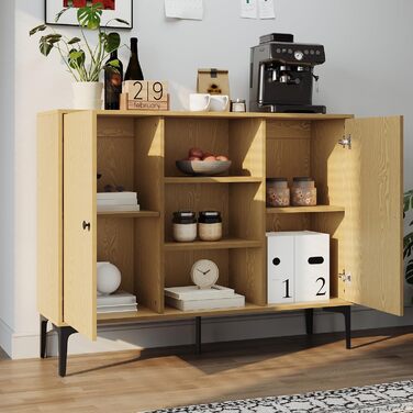 Комод SUNXURY 120x35x93 см, кухонна шафа, багатофункціональна шафа для зберігання з 2 дверцятами, 7 полицями та металевими ніжками, класичний дизайн, дубова текстура, для вітальні, спальні, коридору