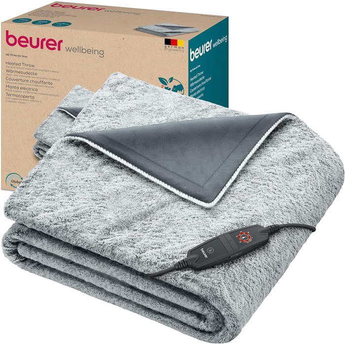 Електрична грілка-ковдра Beurer HD 75 Nordic Grey Green Planet, з переробленого матеріалу, 6 температурних режимів, м'яка, автоматичне вимкнення, 180x130 см