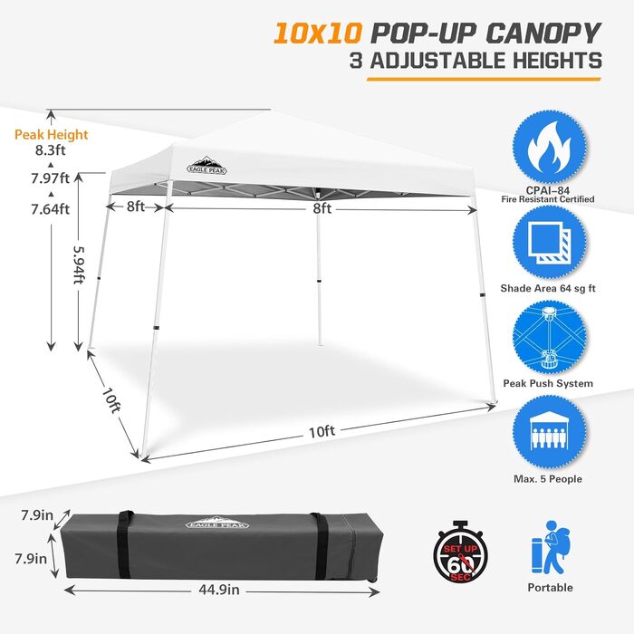 Павільйон садовий EAGLE PEAK 3x3м, білий - розкладний, з захистом від сонця UV 50+, водонепроникний для кемпінгу, вечірок