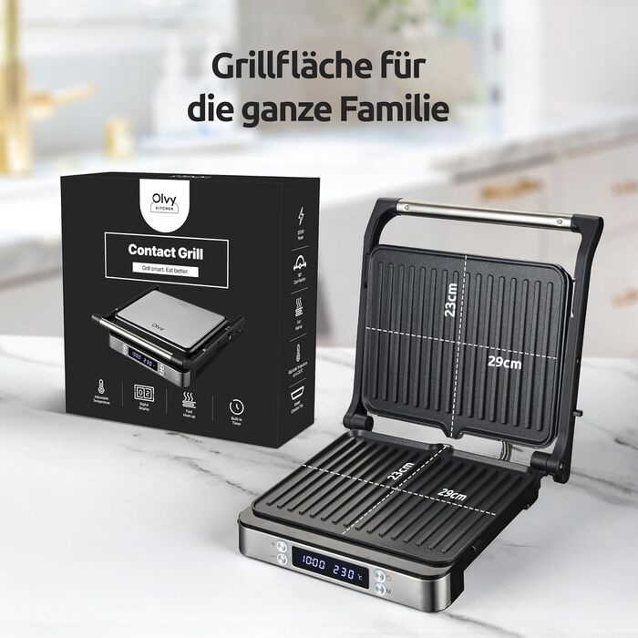 Olvy Sandwichmaker XXL: Цифровий контактний гриль 3-в-1 з антипригарним покриттям, регульована температура, таймер, велика поверхня приготування, Cool-Touch ручка, покриття без PFAS