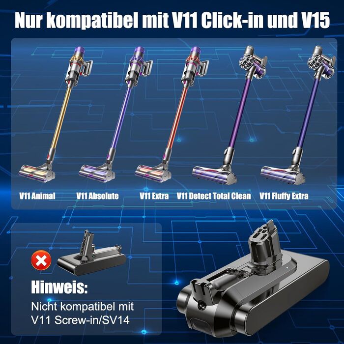 Акумулятор Dyson V11/V15: Сумісний акумулятор для пилососів Dyson V11C (кнопка), V15 SV15 SV16 SV22 SV28