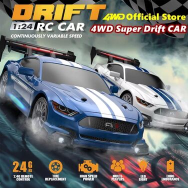 RC Дрифт-кар 1:24 4WD 2.4GHz, швидкість 30 км/год, LED підсвічування, спортивний радіокерований автомобіль для дрифту (білий)