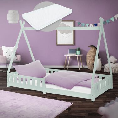 Дитяче ліжко Tipi 70x140 см, світло-сіре, з бортиком і ламелями, масивна сосна, індіанський стиль, будиночок із парканчиком для дівчаток і хлопчиків