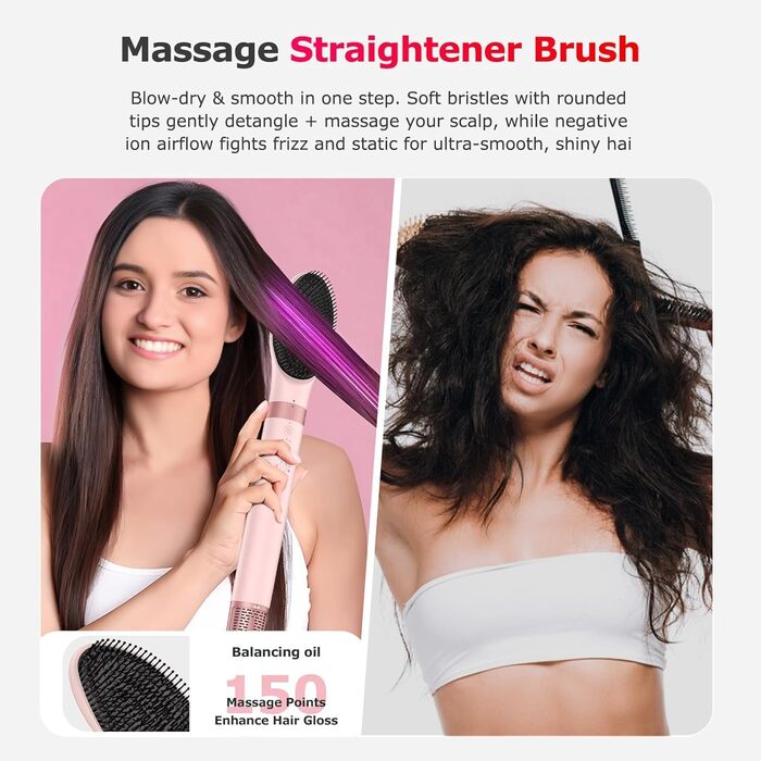 MESCOMB 5-в-1 Airstyler та Hairstyler: Фен-щітка з іонізацією, автоматичний завивач та щітка для об'єму - Швидке сушіння, укладка для локонів, об'єму та вирівнювання без пошкоджень. Легкий, рожевий.