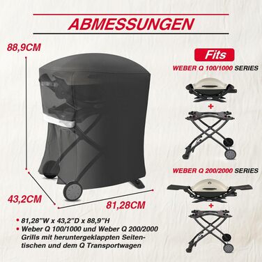 Водонепроникний чохол для гриля Weber Q100, Q200, Q1000, Q2000, Q1200, Q2200 з візком (81x43x89 см), захист від UV-випромінювання, заміна для 50060001, 51060001, 54060001