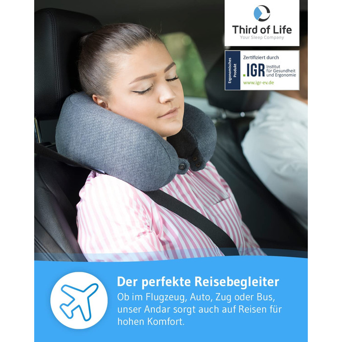 Ергономічна подушка для шиї ANDAR QuickDry з Memory-Foam для подорожей, швидковисихаючий чохол, проти болю в шиї, сіра, для літака, авто