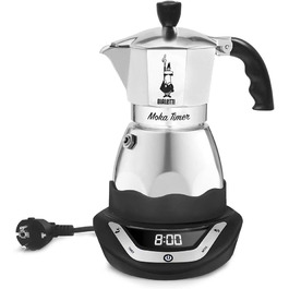 Електрична кавоварка Bialetti Moka з таймером, 6 чашок, 365 Вт, сріблясто-чорна