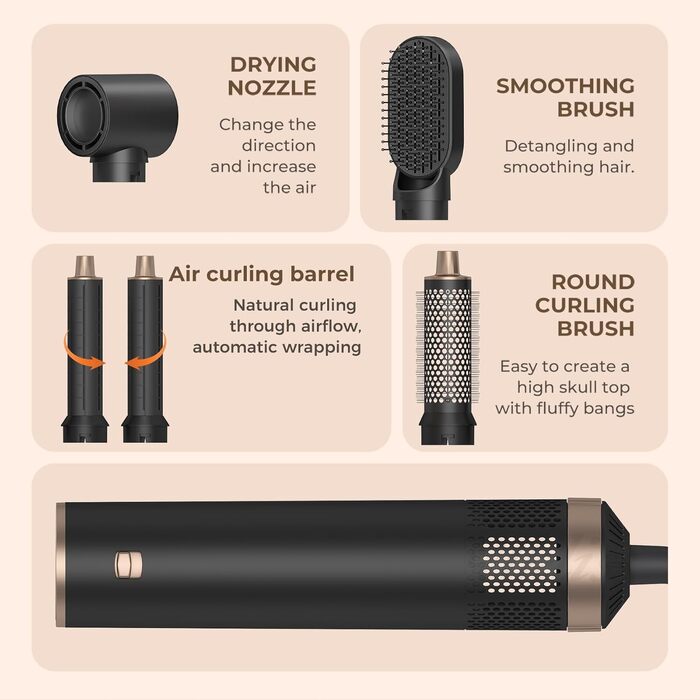 Airstyler 5 в 1 з насадкою для випрямлення, завивки та сушіння волосся 1000 Вт, чорний