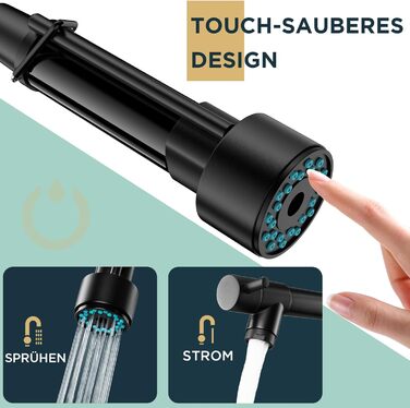 Змішувач кухонний FORIOUS чорний матовий з LED підсвіткою та висувним душем - поворотний на 360°