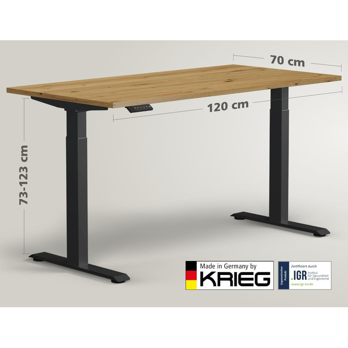 Електричний підйомний стіл KRIEG HighDesk Basic: регульований стіл для роботи сидячи та стоячи (120 x 70 см, чорний + дуб)
