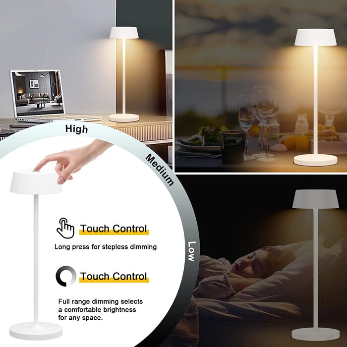 Klighten LED акумуляторна настільна лампа, диммована, сенсорна, алюмінієва, бездротова, IP54 водостійка, для дому та вулиці, 2 шт., біла, 3000K-6000K, USB-C зарядка