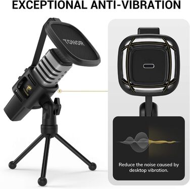 USB конденсаторний мікрофон TONOR TC30 з підставкою, поп-фільтром та павуком, кардіоїдна діаграма, для стрімінгу, подкастів, озвучування, сумісний з ПК, ноутбуком