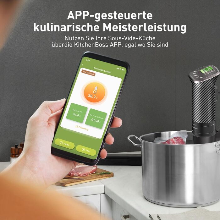 Су-від занурювальний циркулятор KitchenBoss: WiFi, точний контроль температури, керування через додаток, 1100W, діапазон 40-90°C, IPX7, TFT дисплей, тиха робота, карбонове волокно, чорний