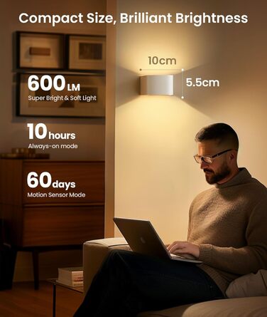 FULEN LED настінний світильник з акумулятором, датчиком руху, 3 кольори, 3 режими, бездротовий, з пультом, для спальні, вітальні, сходів, білий, 2 шт.