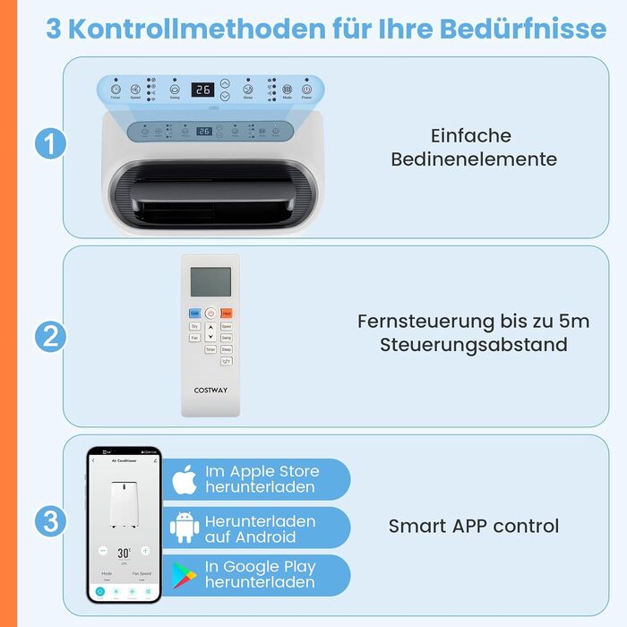 Мобільний кондиціонер COSTWAY 16000 BTU з функцією обігріву, осушення, вентиляції та нічного режиму для приміщень до 150 м² з пультом та керуванням через додаток, 4.7 кВт, ≤57 дБ