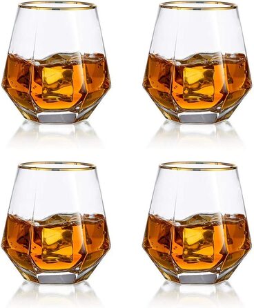 Набір склянок Diamond Whisky Glasses, 4 шт, 300 мл, скло з золотим обідком для віскі, бурбону, рому, бару, подарунок для чоловіків і жінок