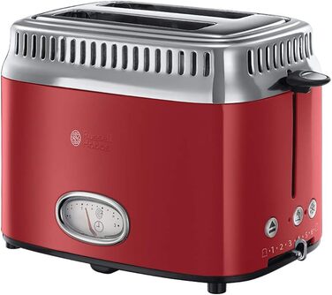 Тостер Russell Hobbs Retro 21680-56, нержавіюча сталь, червоний, 2 тости, 6 режимів, розморожування, підігрів