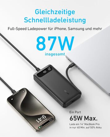 Powerbank Anker 20000mAh з USB-C кабелем, 87W, 1 USB-C + 1 USB-A, для MacBook, iPhone, Samsung, Switch