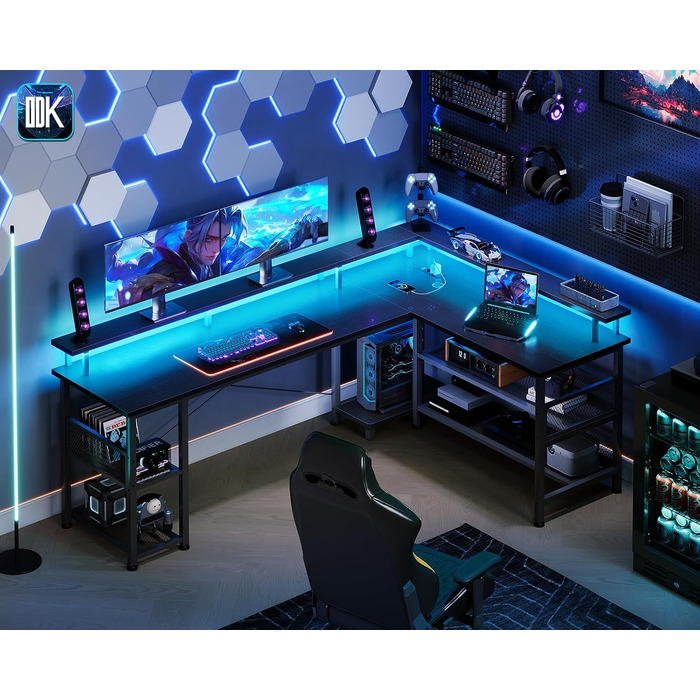 Ігровий кутовий стіл ODK з LED-підсвіткою та USB-портом, 168×120 см, вуглецеве волокно, чорний