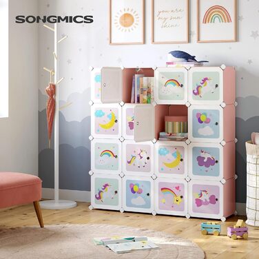 Модульна шафа SONGMICS на 16 секцій з дверцятами, пластикова, для дитячої кімнати, зберігання іграшок та взуття, 123x31x123 см, рожева