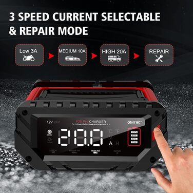 Швидкий зарядний пристрій Haisito 12V/24V 20A для акумуляторів автомобілів, мотоциклів, Li-Ion, AGM, Gel, MF, EFB, SLA, VRLA - розумний, швидкий зарядний пристрій
