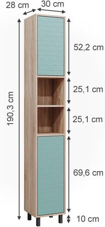 Високий шафа для ванної Vicco Agasta, м'ятно-зелена/сонома, 30 x 190,3 см