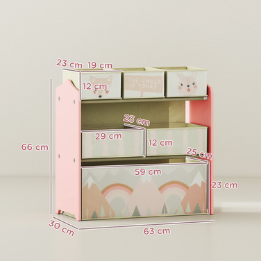 Дитячий шафчик з 6 текстильними кошиками, милий малюнок, 63x30x66 см, Рожевий